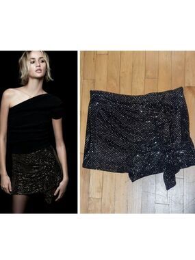NEW! Zara | Metallic Frill Skort In Black/Aged Gold